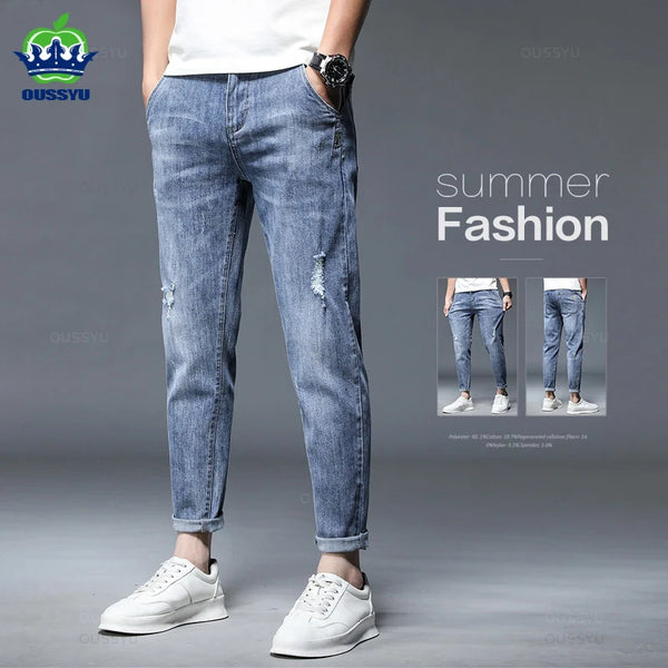 High Quality Brand Summer Stretch Cotton Hole Men's Ankle Length Jeans Streetwear Design Denim Pants Korea Casual Trousers Male