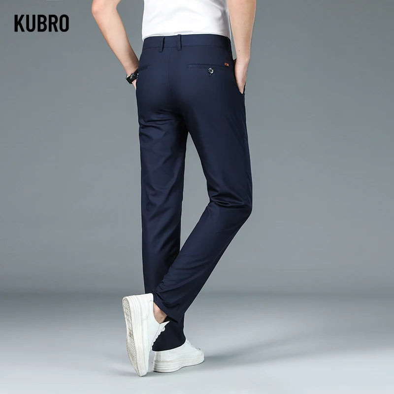 KUBRO 2024 Summer Bamboo Fiber Men's Thin Straight Casual Pants Classic Style Light Gray Business Stretch Trousers Male Brand