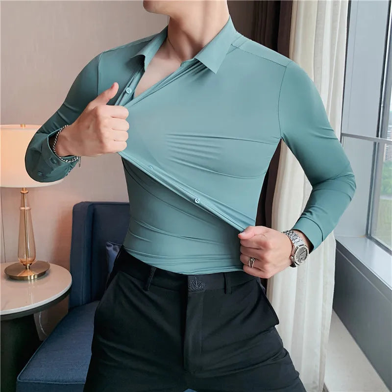 2022 New High Elasticity Seamless Men's Shirt Long Sleeve Slim Casual Shirt Solid Color Business Formal Dress Party Shirts 4XL-M