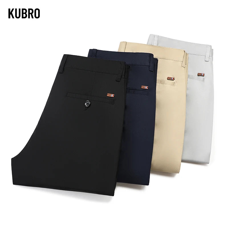 KUBRO 2024 Summer Bamboo Fiber Men's Thin Straight Casual Pants Classic Style Light Gray Business Stretch Trousers Male Brand