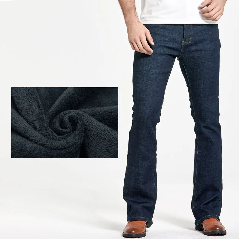 Mens Winter Stretch Denim Jeans Thicken Warm Pants Slim Slightly Flare Trousers Boot Cut Fit Polar Fleece Jeans