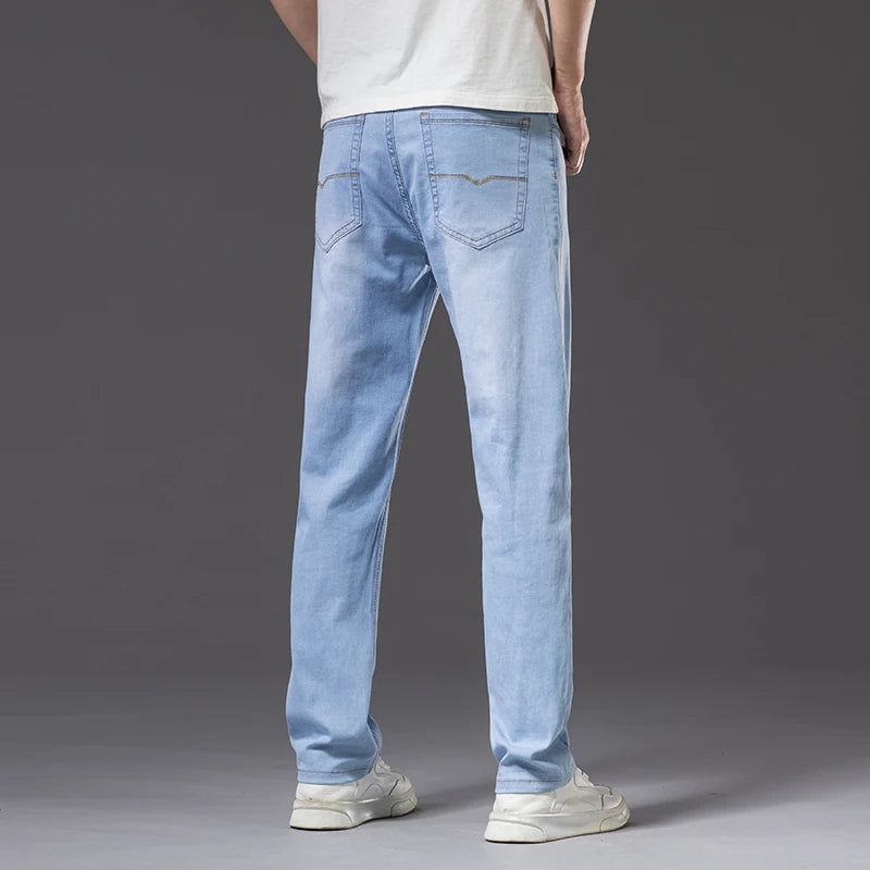 Plus Size 40 42 44 Men's Light Blue Jeans Spring and Summer Loose Straight Advanced Stretch Thin Denim Pants Male Brand Clothes