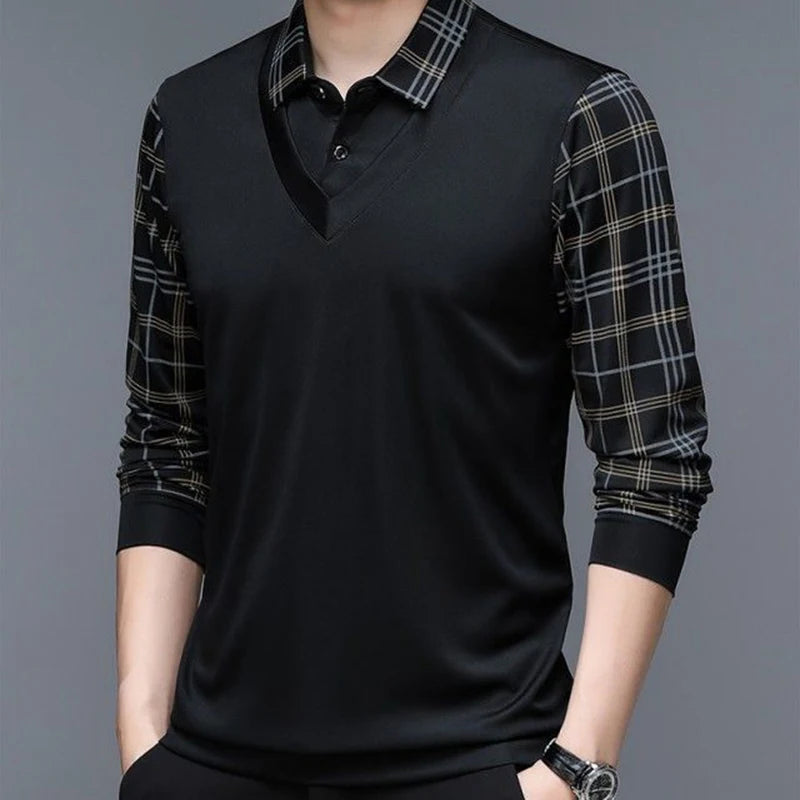 Spring New Long Sleeve POLO Men's T-shirt Lapel Loose Stripe Bottom Fashion Casual Pullover Clothes Business Button Shirts