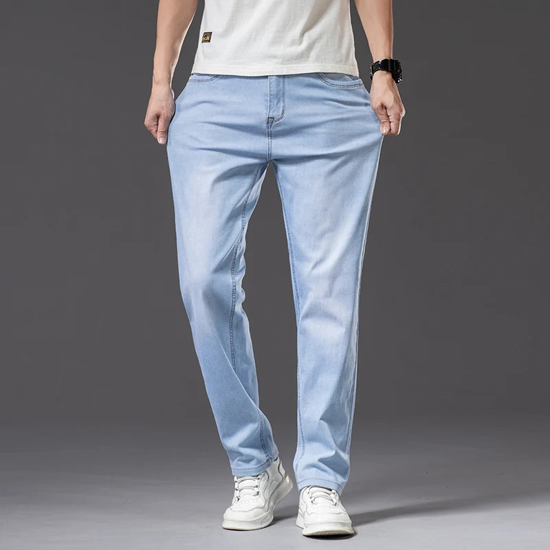 Plus Size 40 42 44 Men's Light Blue Jeans Spring and Summer Loose Straight Advanced Stretch Thin Denim Pants Male Brand Clothes