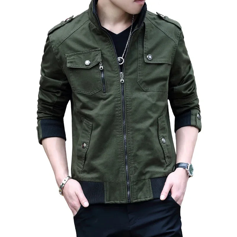 2024 Spring Autumn New Men's Jacket Korean Fashion Stand-up Collar Thick Denim Cargo Pants Pure Cotton Coat Top Clothes