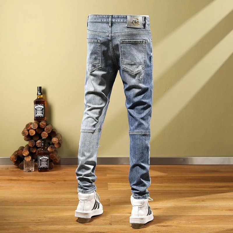 2024 Spring/Summer New Blue Hole Trend Small Foot Pants Men's Casual Slim Comfortable Breathable High-Quality Stretch Jeans