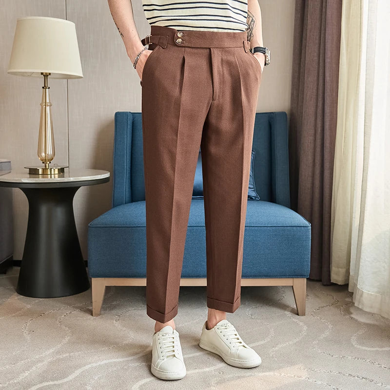 Men's High-end Linen Pants with Texture, Naples Design, Ankle-length Pants Slim Fit Men's Dress Pants 2024 High Quality