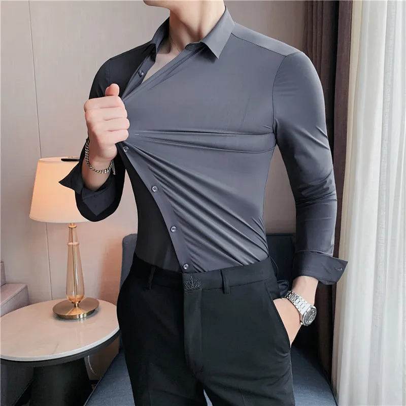 2022 New High Elasticity Seamless Men's Shirt Long Sleeve Slim Casual Shirt Solid Color Business Formal Dress Party Shirts 4XL-M