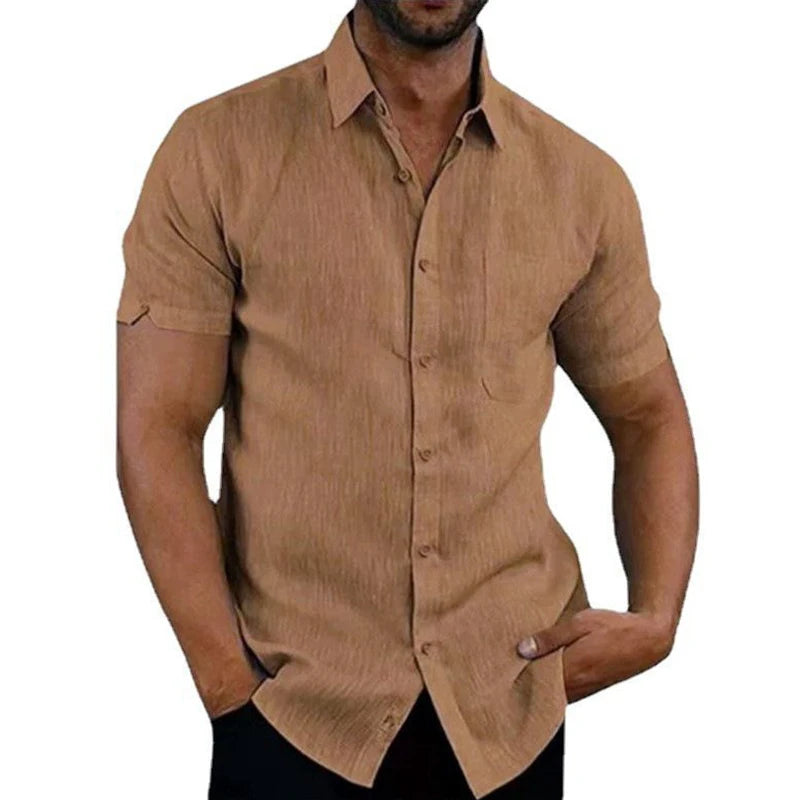 Summer Cotton Linen Casual Shirts Men Short Sleeve Solid Color Turn Down Collar Shirt Mens Breathable Beach Style Blouse