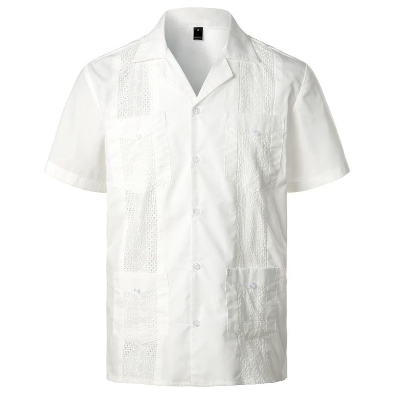 Men's Short Sleeve Cuban Guayabera Shirt Button Up Lapel Collar Embroidery Shirts Mexican Caribbean Style Beach Wedding Shirt