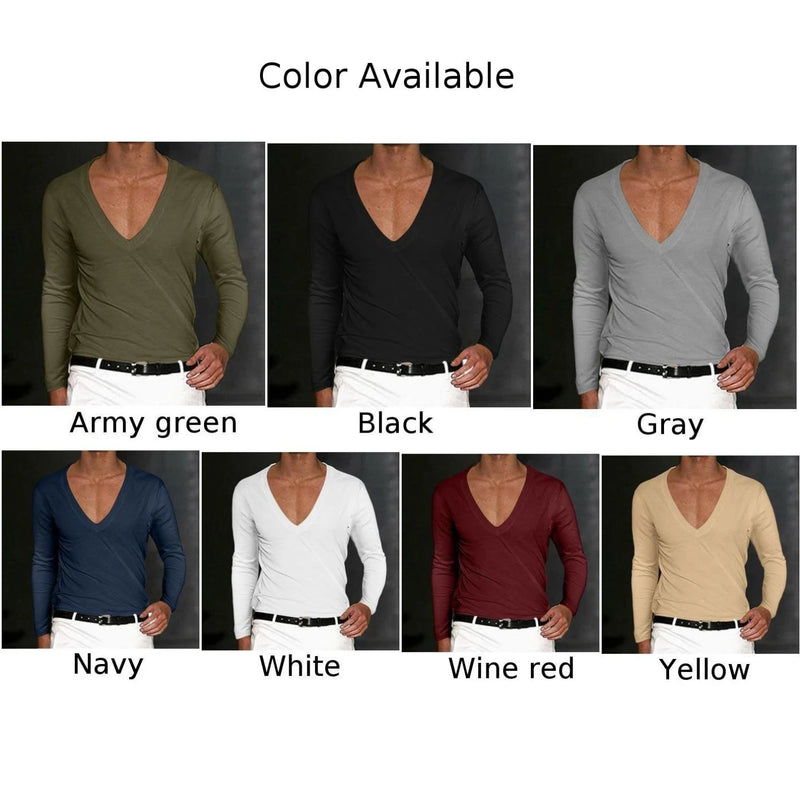 Mens T-Shirt Summer Shirts Low Cut Deep V Neck Comfortable Shirt Tops Men's Long Sleeve Casual Pullover Sexy Slim Fit Tees