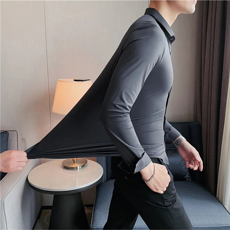 2022 New High Elasticity Seamless Men's Shirt Long Sleeve Slim Casual Shirt Solid Color Business Formal Dress Party Shirts 4XL-M