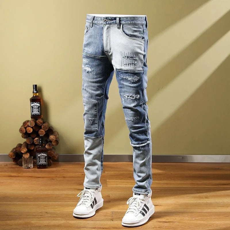 2024 Spring/Summer New Blue Hole Trend Small Foot Pants Men's Casual Slim Comfortable Breathable High-Quality Stretch Jeans