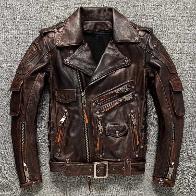 Top Layer Cowhide Leather Jacket Retro Brown Calfskin Motorcycle Suit Men's Slim Heavy Industry Leather Motorcycle Riding Jacket