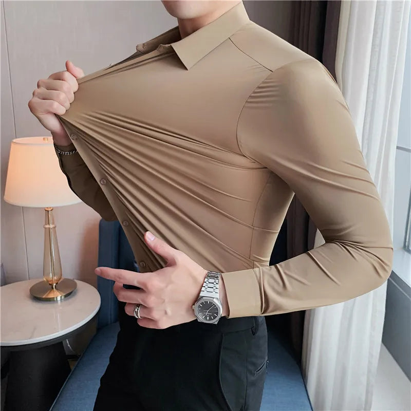 2022 New High Elasticity Seamless Men's Shirt Long Sleeve Slim Casual Shirt Solid Color Business Formal Dress Party Shirts 4XL-M