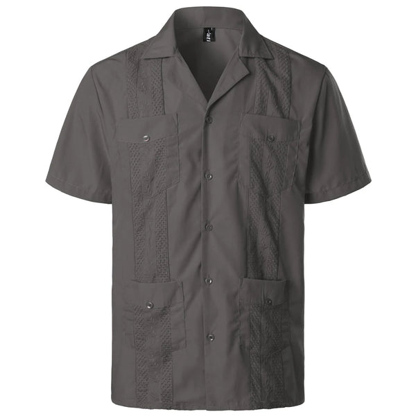 Men's Short Sleeve Cuban Guayabera Shirt Button Up Lapel Collar Embroidery Shirts Mexican Caribbean Style Beach Wedding Shirt