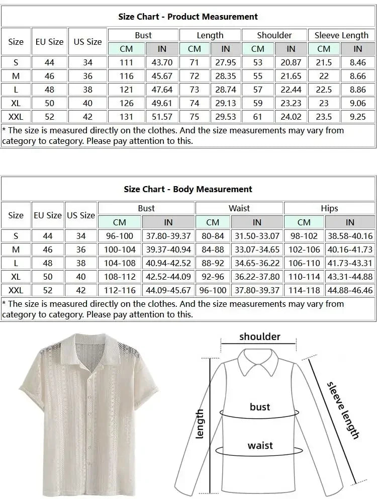 New Cotton Sheer Openwork Shirts for Men Sexy Lace Short Sleeves Transparent Shirt Summer Solid Streetwear Tops Beach Shirts