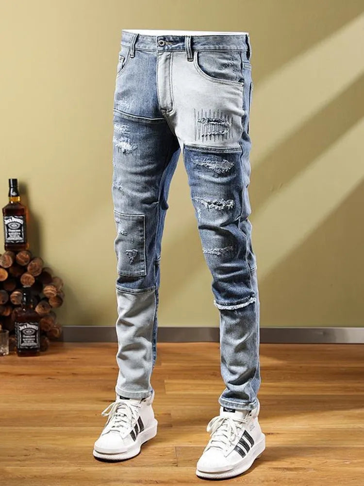 2024 Spring/Summer New Blue Hole Trend Small Foot Pants Men's Casual Slim Comfortable Breathable High-Quality Stretch Jeans