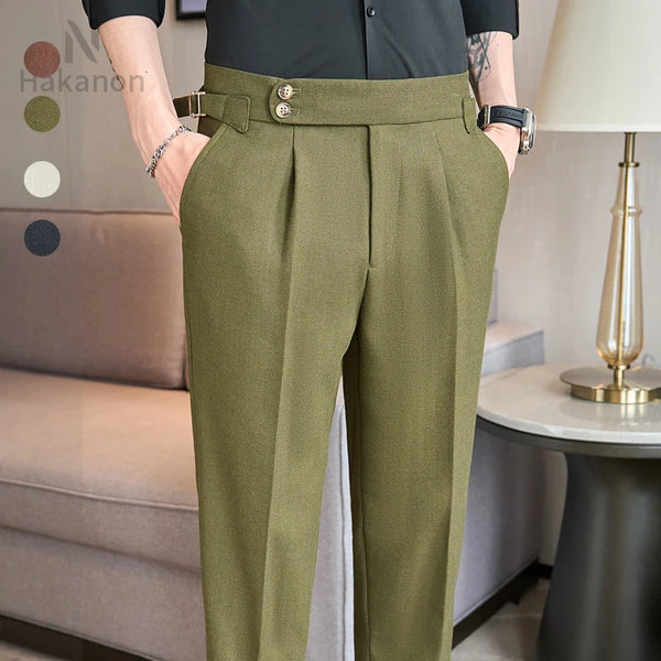 Men's High-end Linen Pants with Texture, Naples Design, Ankle-length Pants Slim Fit Men's Dress Pants 2024 High Quality