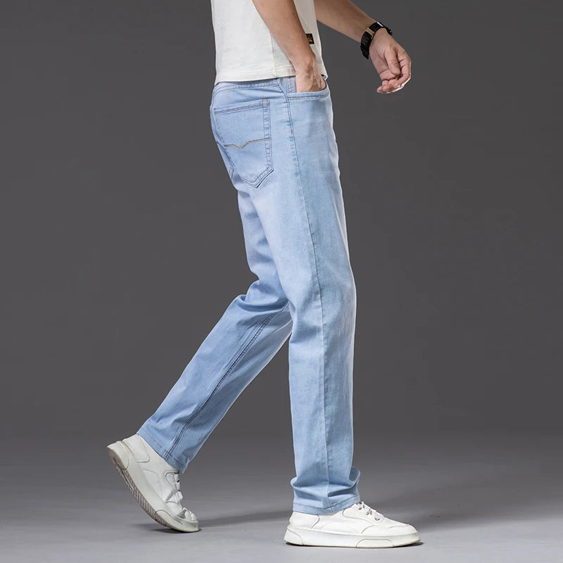 Plus Size 40 42 44 Men's Light Blue Jeans Spring and Summer Loose Straight Advanced Stretch Thin Denim Pants Male Brand Clothes