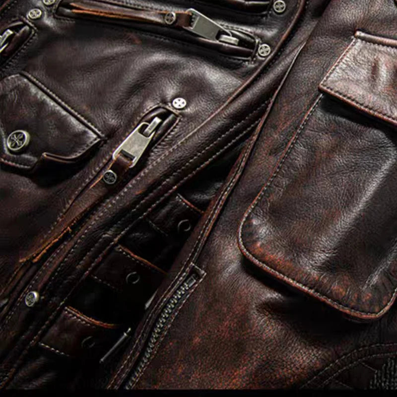 Top Layer Cowhide Leather Jacket Retro Brown Calfskin Motorcycle Suit Men's Slim Heavy Industry Leather Motorcycle Riding Jacket