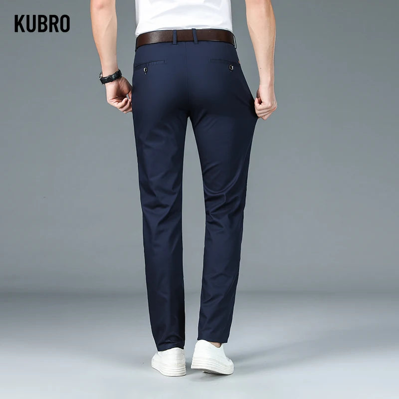 KUBRO 2024 Summer Bamboo Fiber Men's Thin Straight Casual Pants Classic Style Light Gray Business Stretch Trousers Male Brand