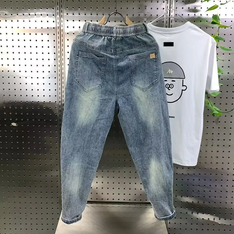 New Arrival Korean Casual Drawstring Denim Harem Pants Men's Jeans Spring Autumn Fashion Hip Hop  Loose Hole Baggy Washed Jeans