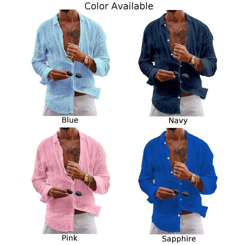 Button-Down Shirts Versatile Men\'s Cotton Linen Loose Blouse Button Down Long Sleeve Casual Shirts Multiple Colors