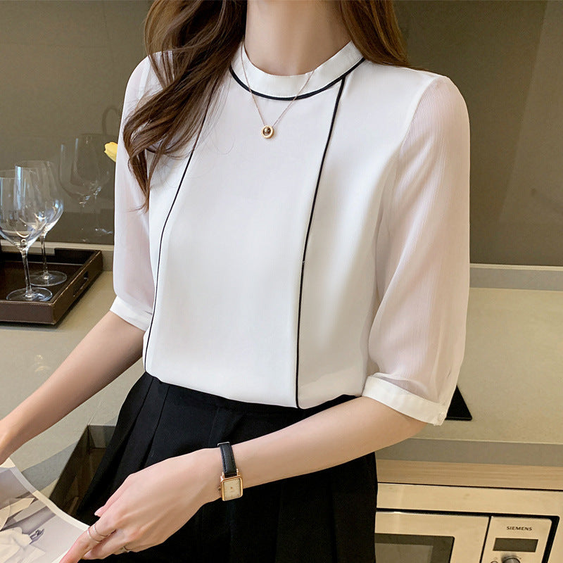 Short Sleeve Contrast Chiffon Shirt Top Female