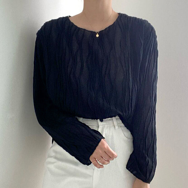 Elegant Round Neck Three-dimensional Texture Long Sleeve Shirt Top Female