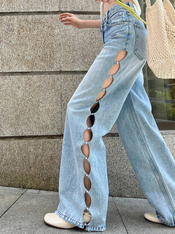 Blue Pearl Hollow Wide-leg Jeans Female Summer