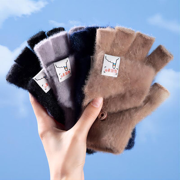 Men And Women Warm Thickened Flap Plush Half Finger Gloves