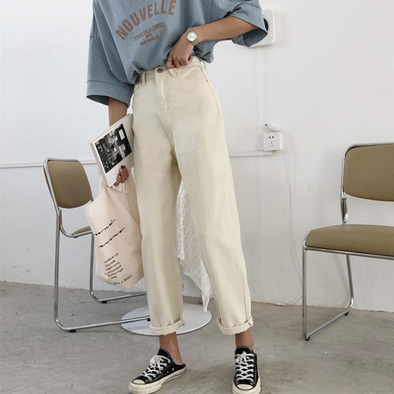 Cropped Jeans Female High-waisted All-match Casual Curling Straight-leg Pants