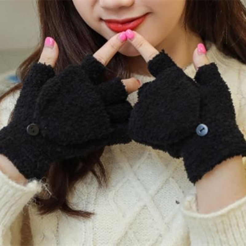 Men And Women Warm Thickened Flap Plush Half Finger Gloves