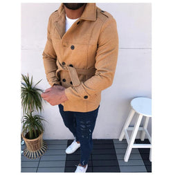 Men's Coat Belt Long Sleeve Woolen Coat